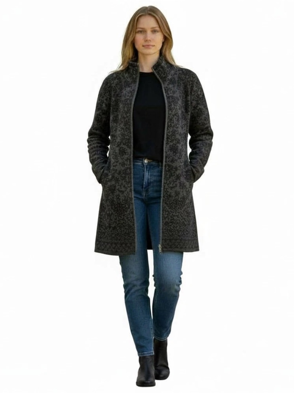 Skyr black and gray damask floral jacquard zip-up midi cardigan jacket Small
